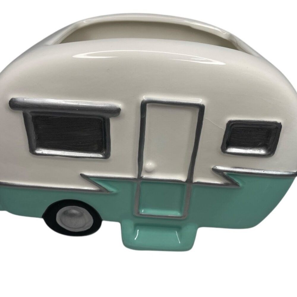 Retro Camper Planter RV Trailer, Teleflora Ceramic Vase Planter Turquoise - Picture 3 of 7